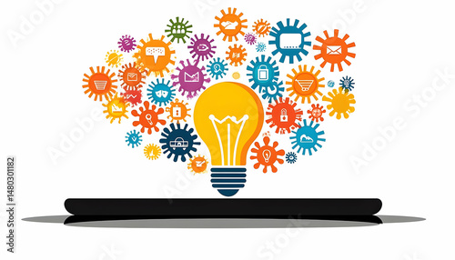 Bright lightbulb generating innovative ideas digital business concept