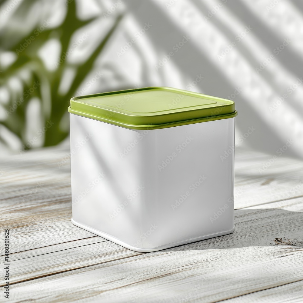 custom made wallpaper toronto digitalSquare tin container with a lime green lid sits on a white wooden surface