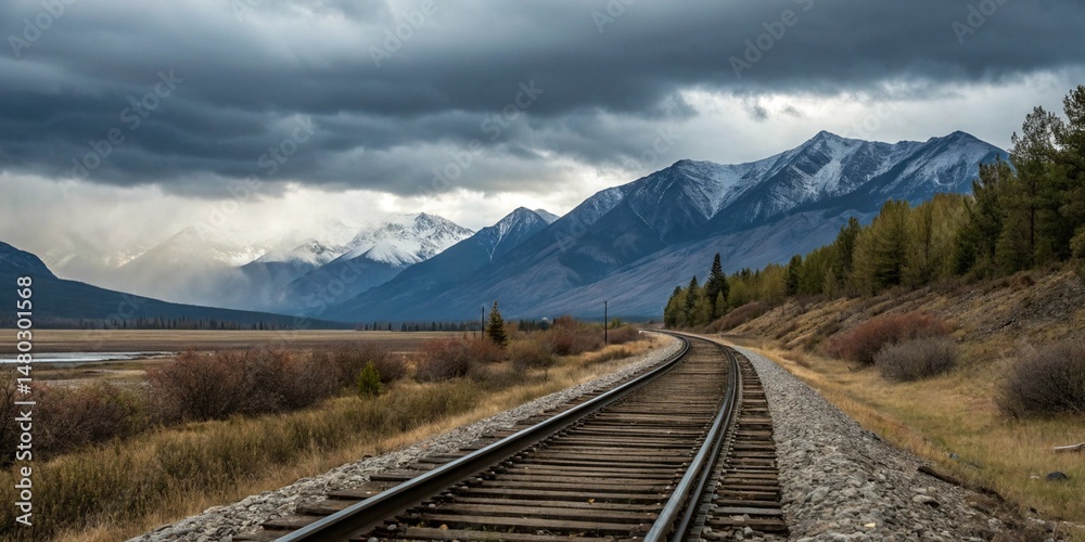 Fototapeta premium Railway Tracks Winding Through Autumnal Landscape Towards Snowy Mountains