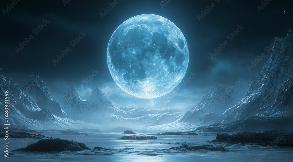 Fototapeta premium Moonlit, misty mountains, light, and night sky