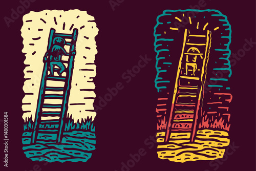 Colorful Illustration of a Figure Climbing a Ladder Toward Light