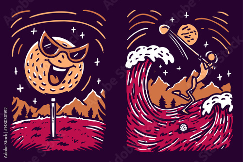 Fun Golf Illustration with Cartoon Moon and Surfing Golfer Artwork