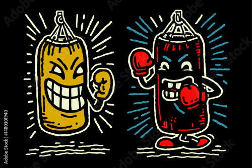 Colorful Cartoon Boxing Gloves and Punching Bags Illustration