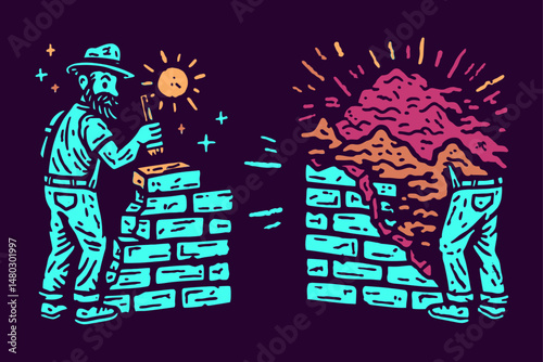Creative Illustration of Builder and Scenic View in Vibrant Colors
