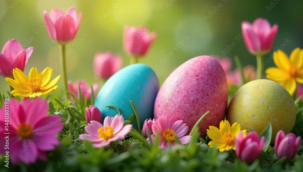 Vibrant Easter eggs nestled amongst colorful spring flowers , design, daffodils Vibrant Easter eggs nestled amongst colorful spring flowers , design, daffodils