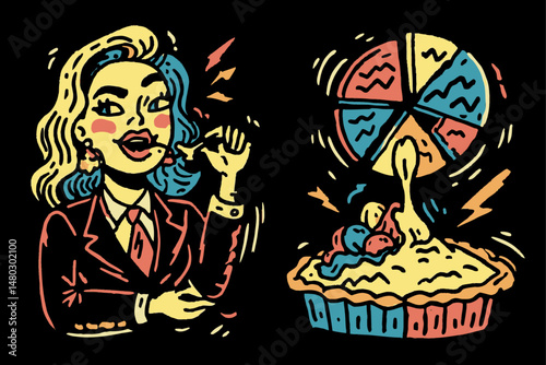 Colorful Illustration of a Woman with Pie Chart and Dessert