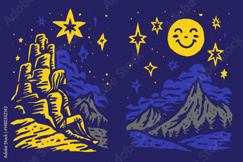 Vibrant Night Sky Illustration with Mountains and Cheerful Moon