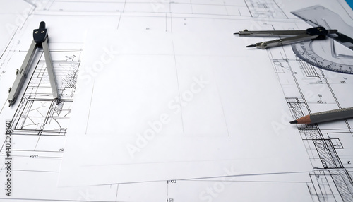 Crisp, clean architectural blueprint with drawing tools. An open space invites creative design. Ideal for illustrating architecture, engineering, or construction themes.