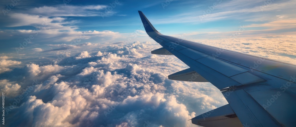 Obraz premium Airplane wing soars above fluffy clouds at sunset aerial view from passenger window travel adventure