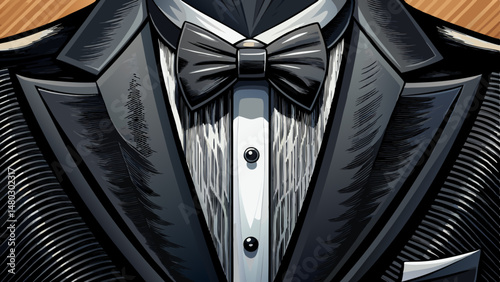 A close-up of a sleek black tuxedo with a perfectly tied bow tie captures the essence of timeless elegance. The fine texture of the fabric and the sharp lines of the lapel exude sophistication.

