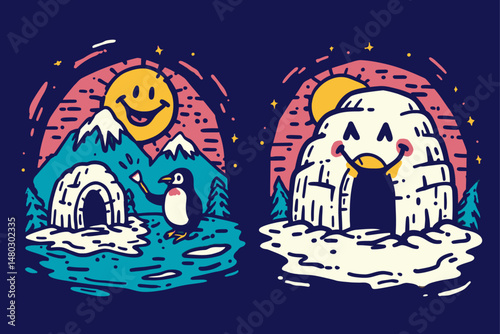 Playful Penguin and Smiling Igloo Illustration with Scenic Mountains