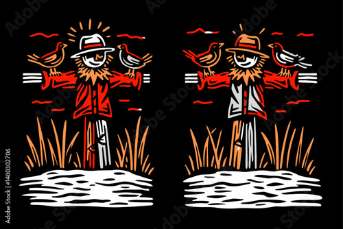 Colorful Scarecrow Illustration with Birds and Grass Elements