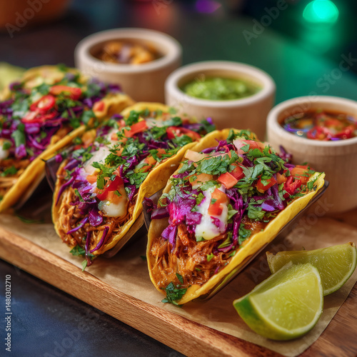 Vegan jackfruit tacos with vibrant toppings, colorful street food setup