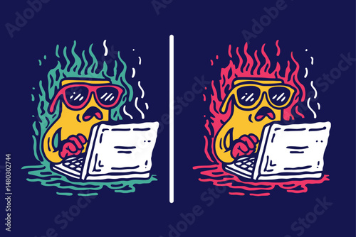 Colorful Cartoon Dog in Sunglasses Using Laptop with Fire Design