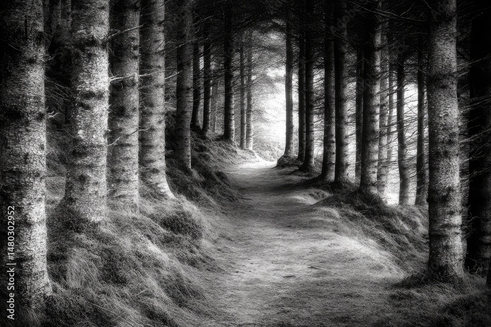 Naklejka premium Forest path in grayscale