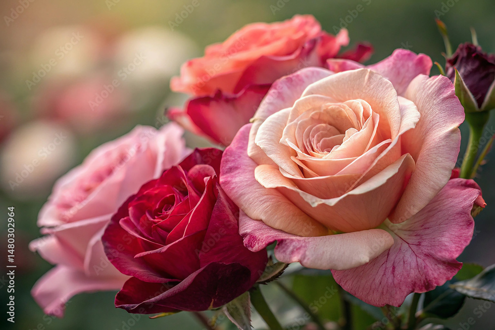 Fototapeta premium Closeup of Colorful Roses Soft Petals Delicate Texture