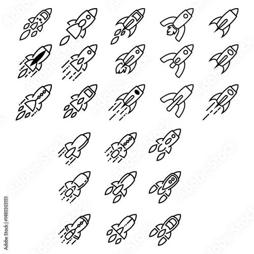 Collection of various black and white outline rocket icons in different styles, depicting space travel and exploration in a playful, minimalist design.