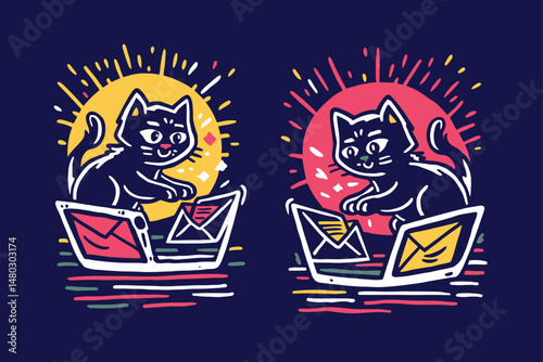 Playful Cat Illustration with Colorful Background and Emails