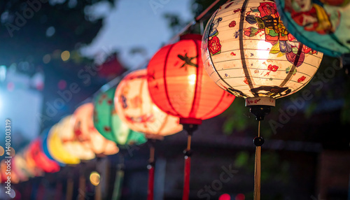 Vibrant, glowing paper lanterns strung in a row create a festive and enchanting atmosphere. Perfect for travel, celebration, or culture concepts. photo