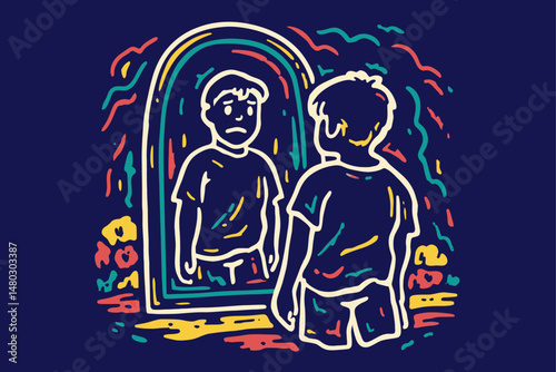 Boy Looking in Mirror with Reflection of Sadness in Colorful Style