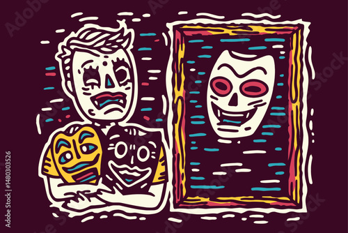 Colorful Illustration of Theatrical Masks with Character and Frame