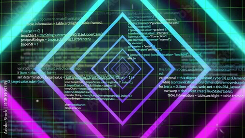 Neon diamond outlines glowing and converging on dark UI, displaying code and green grid overlay
