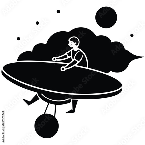 Boy on Flying Saucer in Space A Cosmic Adventure Illustration