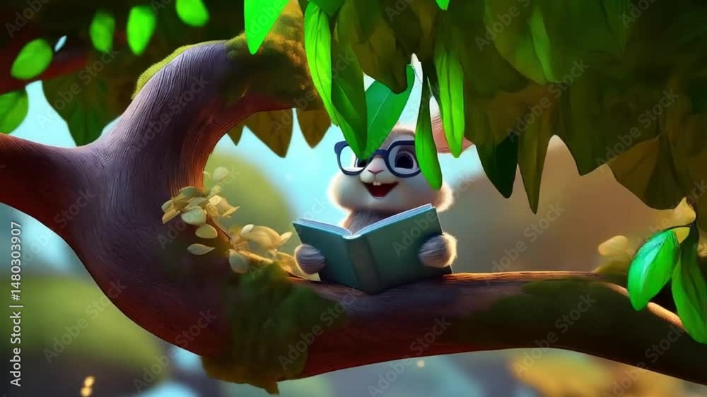 Kaninchenbaby mit Brille und Buch (3D-Stil)