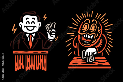 Vintage Style Illustration of Two Characters Holding Money and Cash