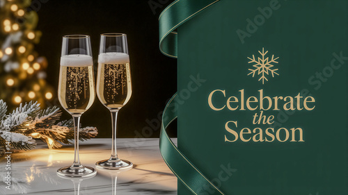 Festive streamer with two glasses of champagne christmas solemnization 