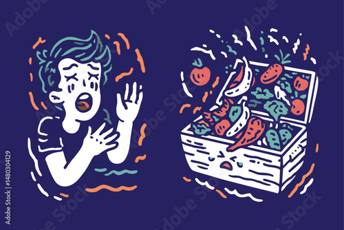 Colorful Illustration of Boy Reacting to Surprise Box of Fruits
