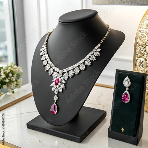 beautiful and luxury necklace on jewelry stand nec
