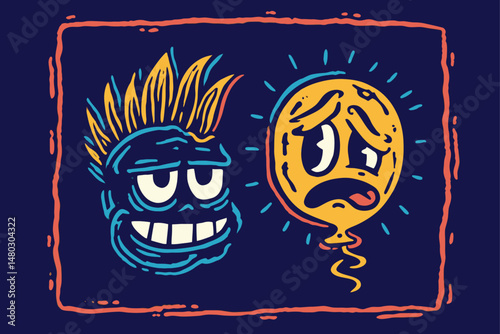 Colorful Cartoon Illustration of Happy and Sad Characters on Shirt