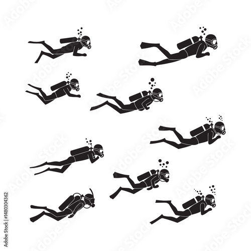 minimalist scuba diver silhouette vector icons set design illustrations