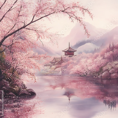 Cherry Blossom Sanctuary: A serene landscape showcases a traditional Asian pagoda surrounded by blooming cherry blossom trees and reflected on a tranquil lake.