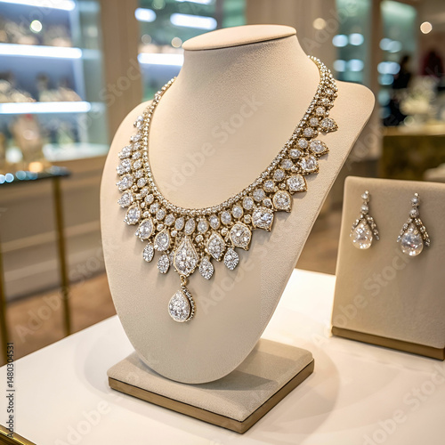 beautiful and luxury necklace on jewelry stand nec