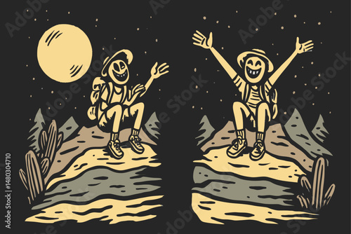 Whimsical Hiking Illustration with Playful Skeleton Characters
