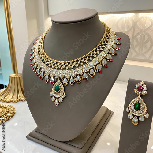 beautiful and luxury necklace on jewelry stand nec