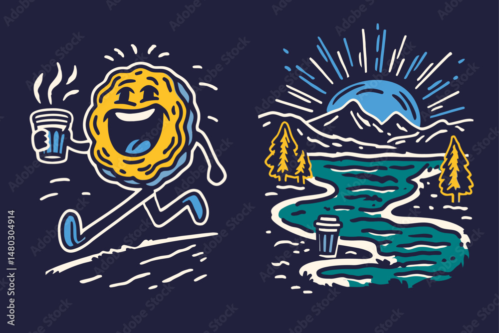 Obraz premium Cheerful Biscuit with Coffee and Scenic Mountain River Illustration