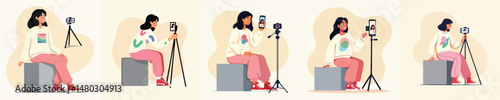 Cartoon Young Woman Content Creator Sitting and Recording Video with Smartphone on Tripod – Female Vlogger Concept for Social Media, YouTube, and Influencer Lifestyle