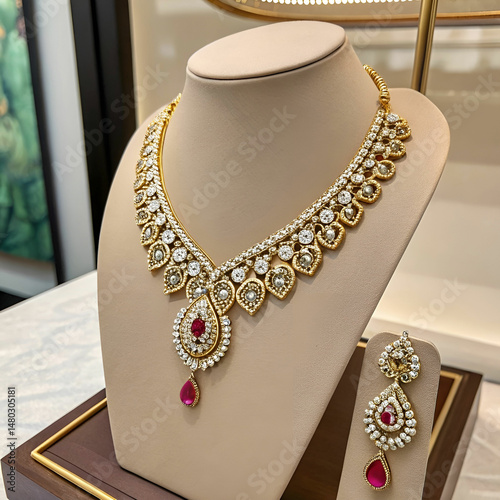 beautiful and luxury necklace on jewelry stand nec