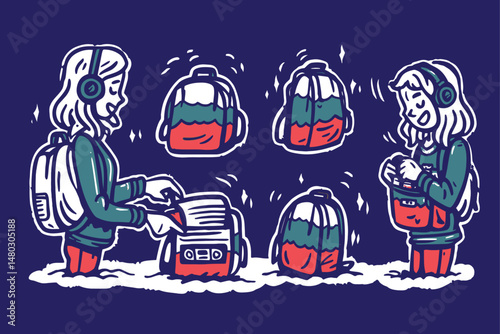 Playful Illustration of Person with Backpacks and Headphones in Style