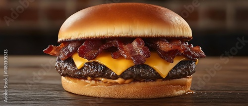 Juicy bacon cheeseburger on wood