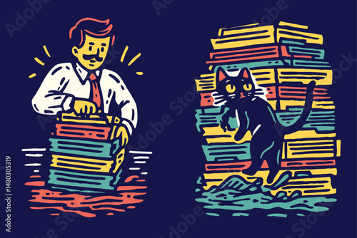 Playful Illustration of a Man with Books and a Cat Among Stacks