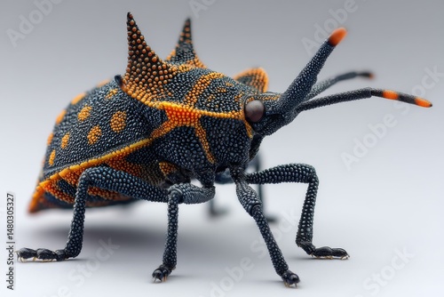 Close-up of a unique Umbonia spinosa insect with black and orange pattern standing on a white surface studio shot photo