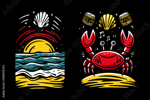 Vibrant Crab and Ocean Scene Cartoon Illustration on Black Background