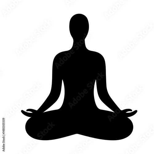 Silhouette of a person meditating in a lotus position.  Simple black and white vector illustration. Peaceful and serene mood.