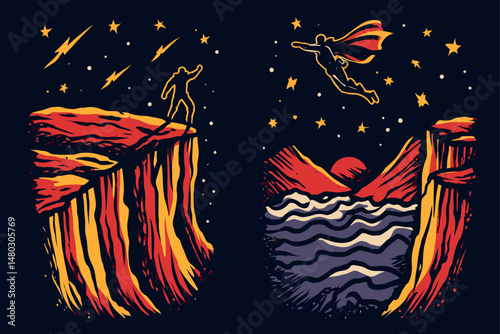Bold Adventure and Heroic Journey Illustration on Dark Background