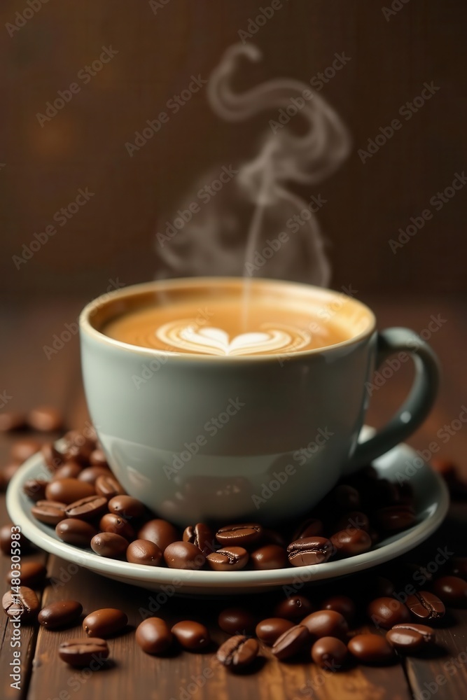 Scenic coffee cup presentation, roasted beans, wooden backdrop, morning, object Scenic coffee cup presentation, roasted beans, wooden backdrop, morning, object