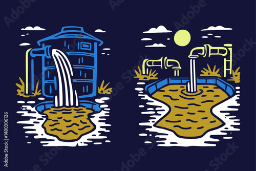 Artistic Illustration of Water Tank and Pipe System in Nature